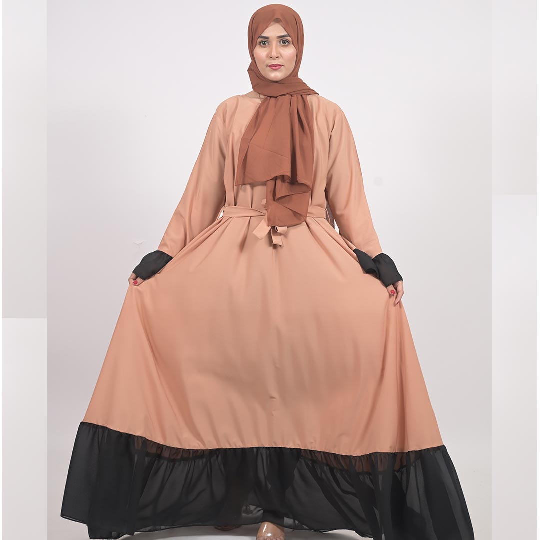 Pinkish Tan & Black Casual Abaya in Zoom Fabrics